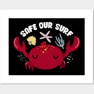 Safe our Surf quote with cute sea animal crab, starfish, coral and shell Posters and Art